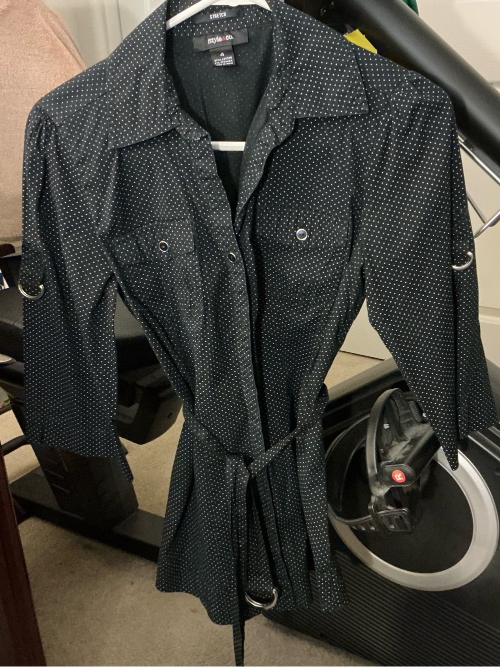 Style & Co. Black Polka Dot Belted Trench Shirt